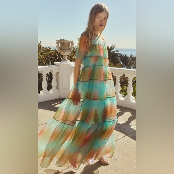 STAUD Dresses & Skirts - STAUD Hyacinth Tiered Rainbow Dress maxi crepe‎ organza sheer Multi Aura XS